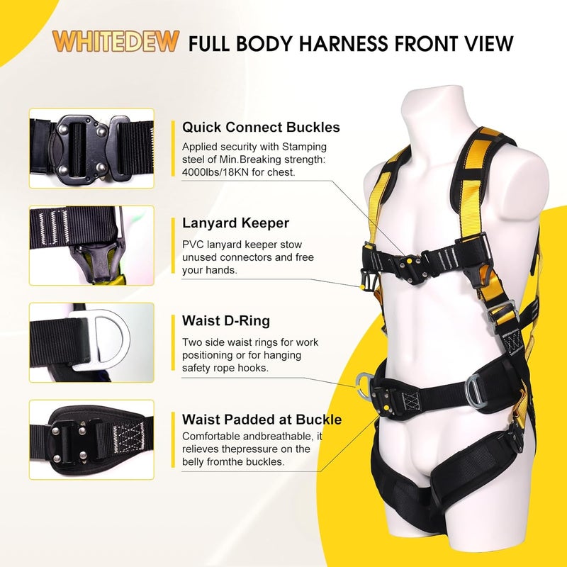 Whitedew Fall Protection Premium Safety Harness with Shock Absorbing Lanyard, Vented & Padded Shoulder, Legs & Back - Upgrade 4 Quick Buckles (Yellow) - Image 2